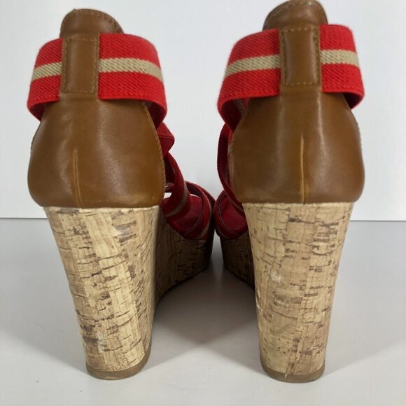 Merona Red Tan Stripe Elastic Straps Cork Wedge Summer‎ Sandals Sz 8.5 - Picture 4 of 14